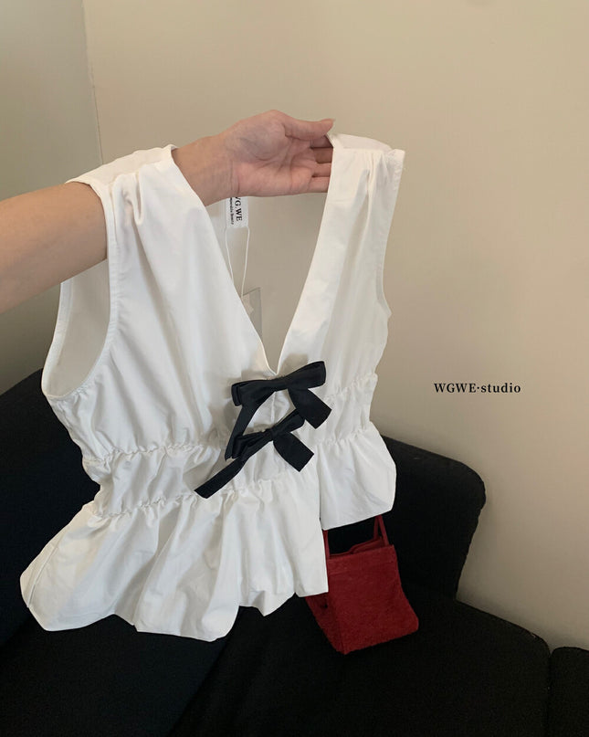 WG.WE French Cute Bow V-Neck Sleeveless Blouse
