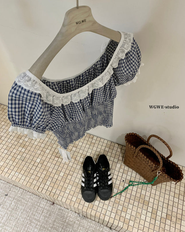 WGWE Lace-Trimmed French Style Checkered Top