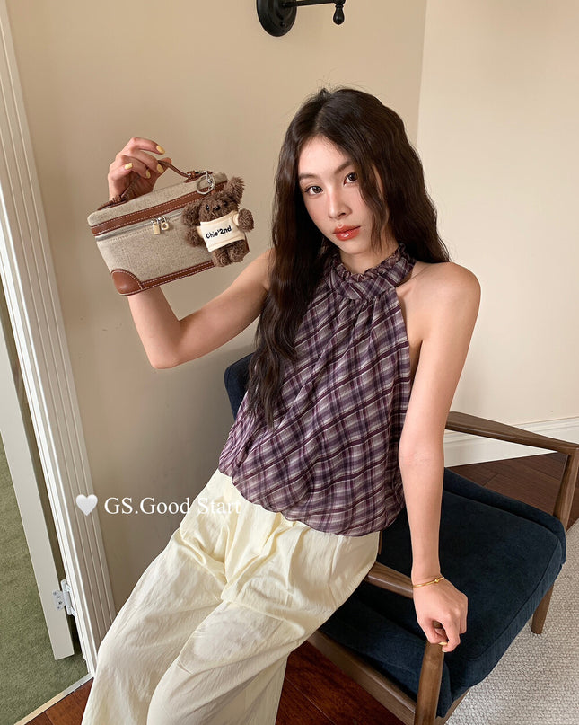 GS.GOOD START Korean Sweet Plaid Bubble Hem Tank Top