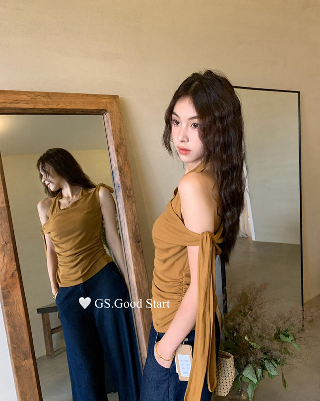 GS.GOOD START Off Shoulder Layered Tie-Strap Top