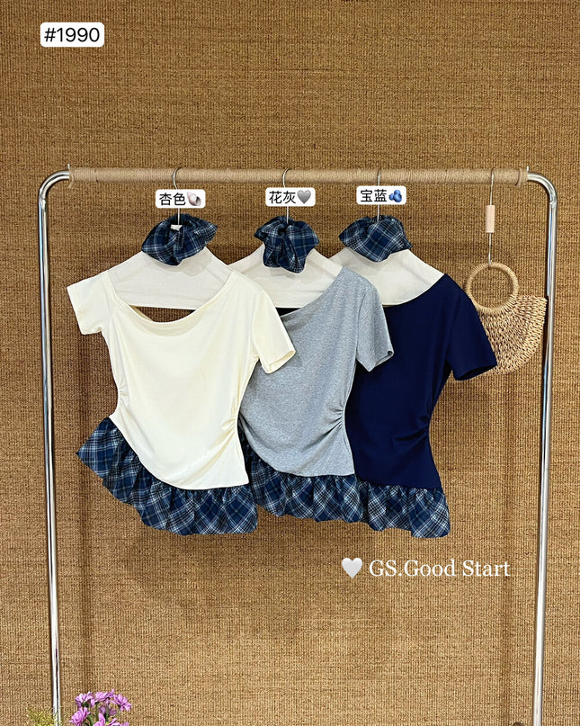 GS.GOOD START Asymmetrical Plaid Patchwork Top with Detachable Hair Tie