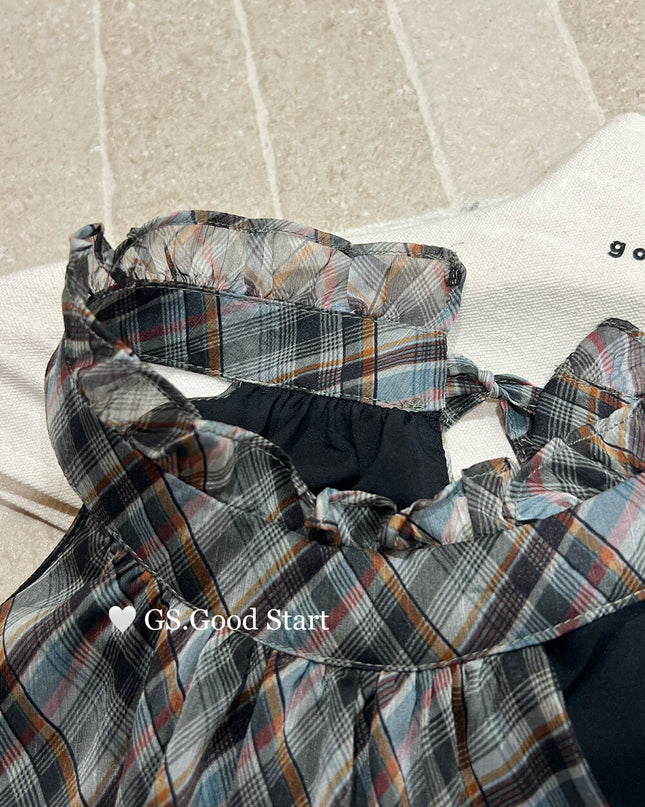 GS.GOOD START Korean Sweet Plaid Bubble Hem Tank Top