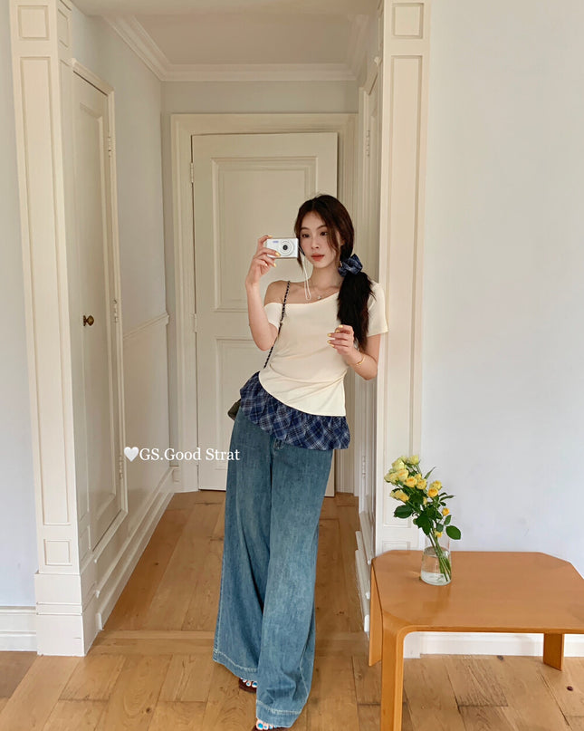 GS.GOOD START Asymmetrical Plaid Patchwork Top with Detachable Hair Tie