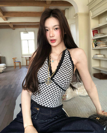 WGWE Halter Plaid Lace Patchwork Crop Top