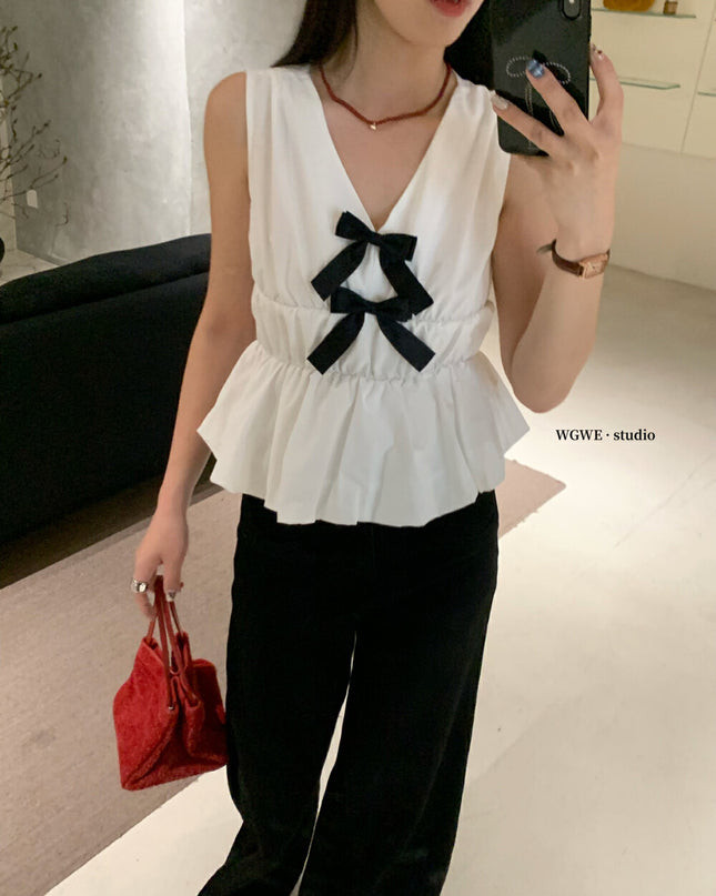 WG.WE French Cute Bow V-Neck Sleeveless Blouse