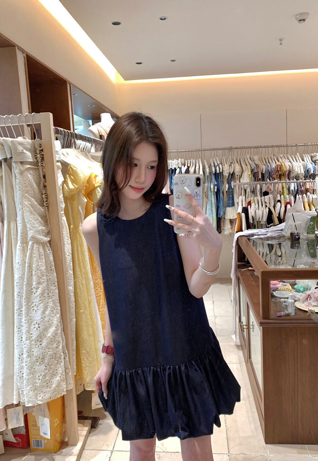 AS OFFICIAL Camellia Denim Puff Hem Babydoll Dress
