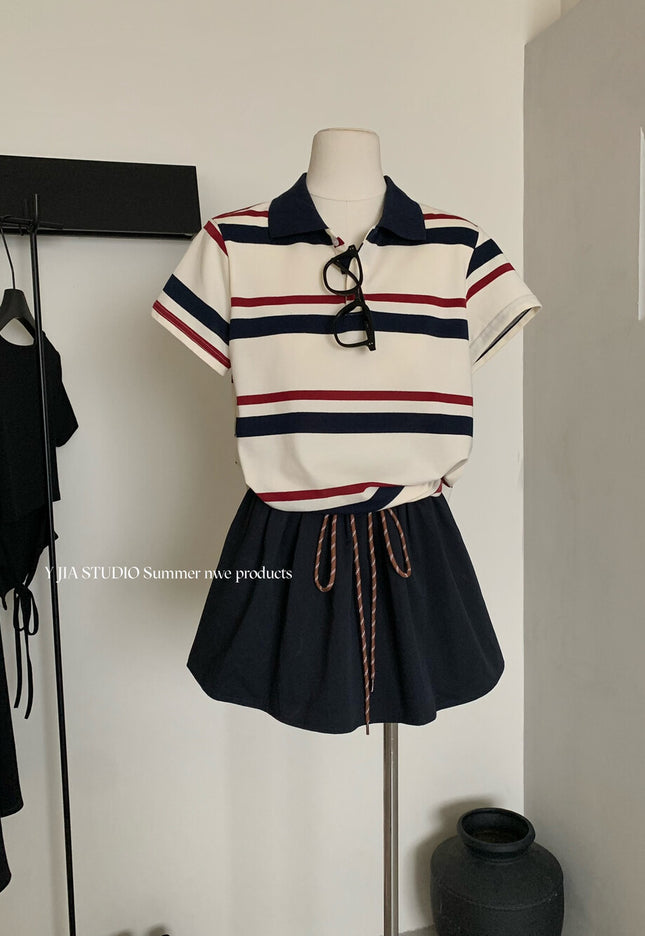 Y.JIA Miu-Style Colorblock Polo Tee + Drawstring Puff High-Waist Skirt Set