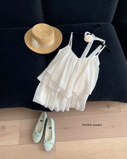 WGWE Soft Asymmetrical Floral Strap Top with Flowing Tie