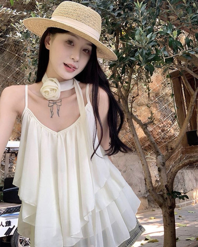 WGWE Soft Asymmetrical Floral Strap Top with Flowing Tie