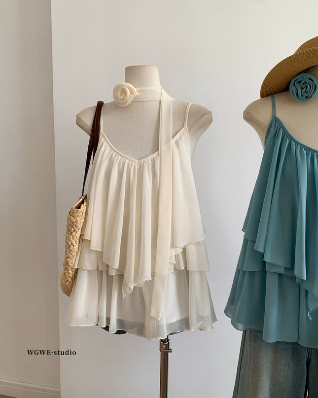 WGWE Soft Asymmetrical Floral Strap Top with Flowing Tie