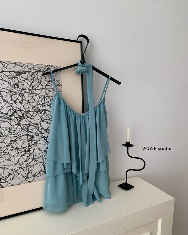 WGWE Soft Asymmetrical Floral Strap Top with Flowing Tie