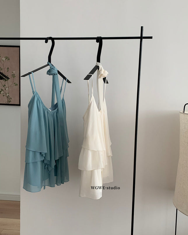 WGWE Soft Asymmetrical Floral Strap Top with Flowing Tie