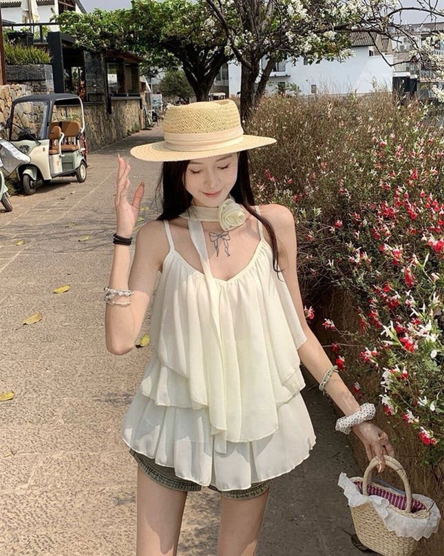 WGWE Soft Asymmetrical Floral Strap Top with Flowing Tie