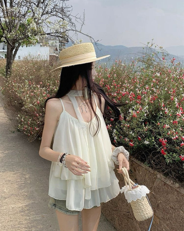 WGWE Soft Asymmetrical Floral Strap Top with Flowing Tie