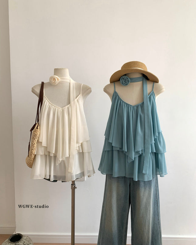 WGWE Soft Asymmetrical Floral Strap Top with Flowing Tie