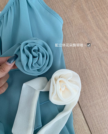 WGWE Soft Asymmetrical Floral Strap Top with Flowing Tie