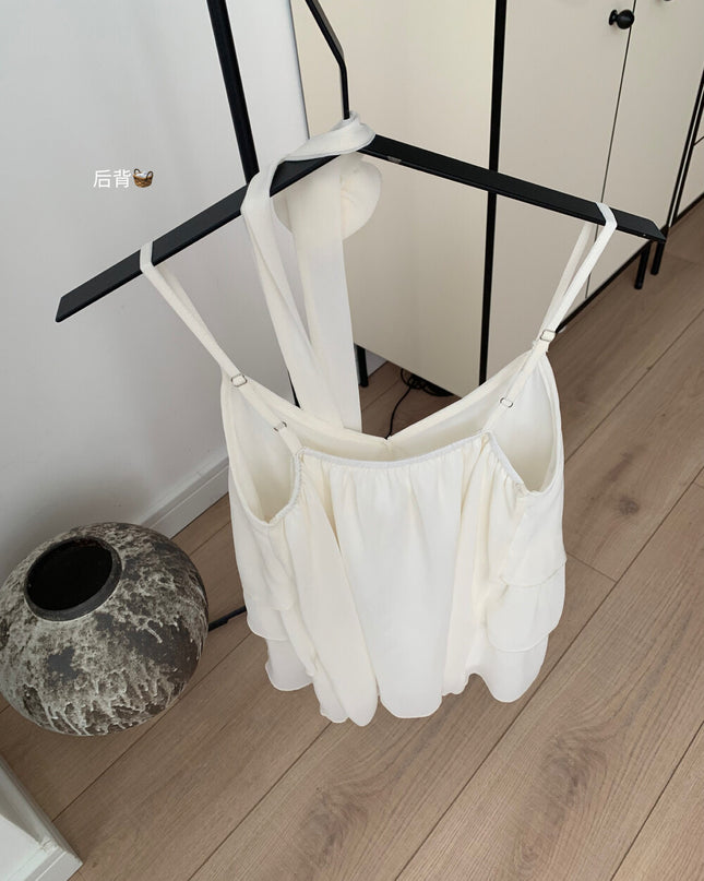 WGWE Soft Asymmetrical Floral Strap Top with Flowing Tie