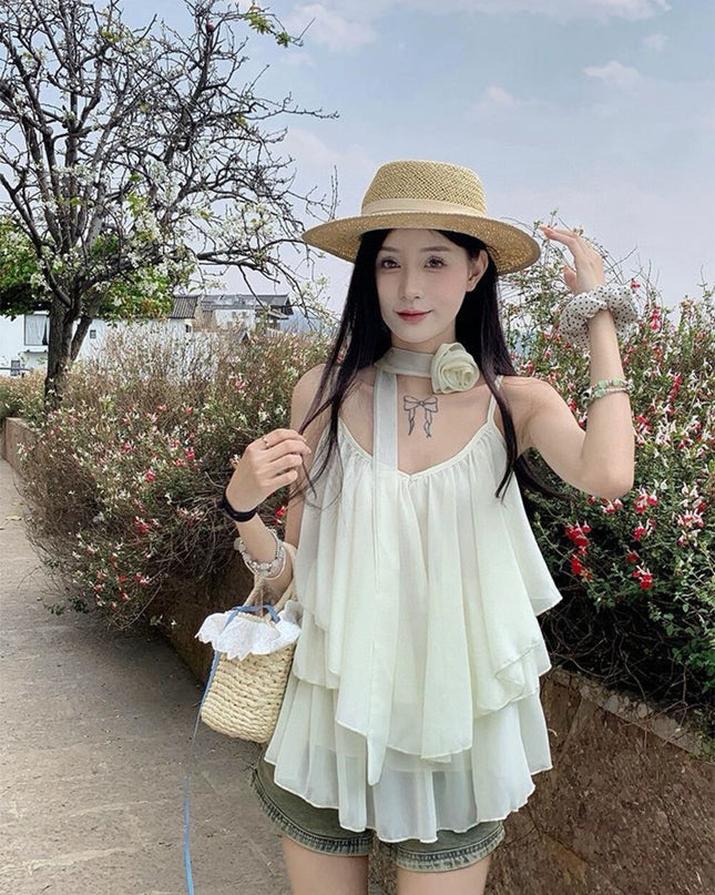 WGWE Soft Asymmetrical Floral Strap Top with Flowing Tie