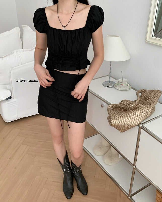 WGWE Puff Sleeve Tie-Back Crop Top + Mini Skirt Set