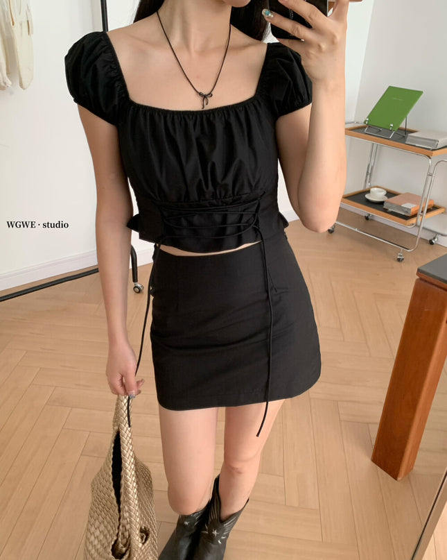 WGWE Puff Sleeve Tie-Back Crop Top + Mini Skirt Set