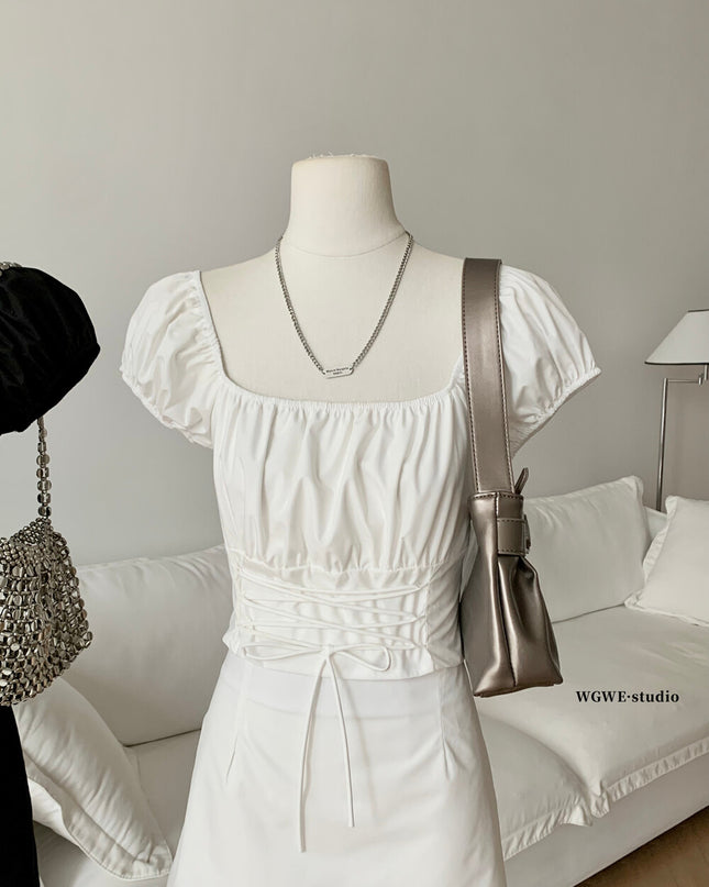 Puff Sleeve Tie-Front Crop Top + Mini Skirt Set