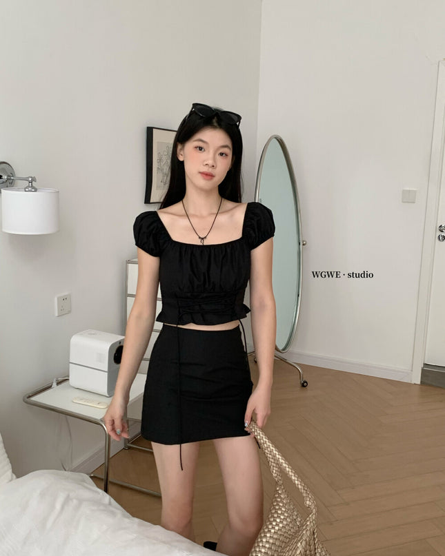 WGWE Puff Sleeve Tie-Back Crop Top + Mini Skirt Set