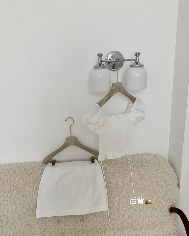 Puff Sleeve Tie-Front Crop Top + Mini Skirt Set