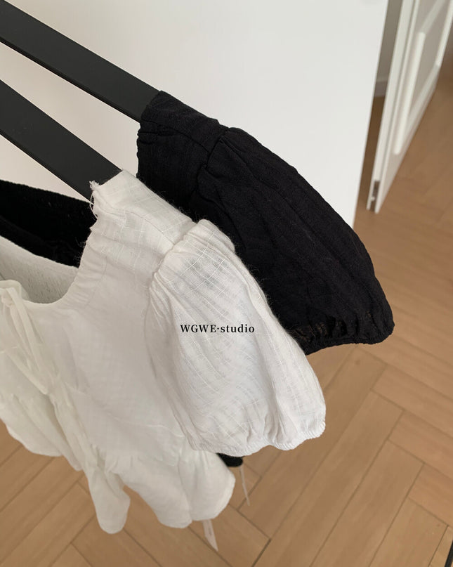 French Ruffle Puff Sleeve Slim-Fit Crop Top