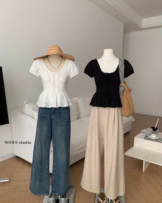 French Ruffle Puff Sleeve Slim-Fit Crop Top