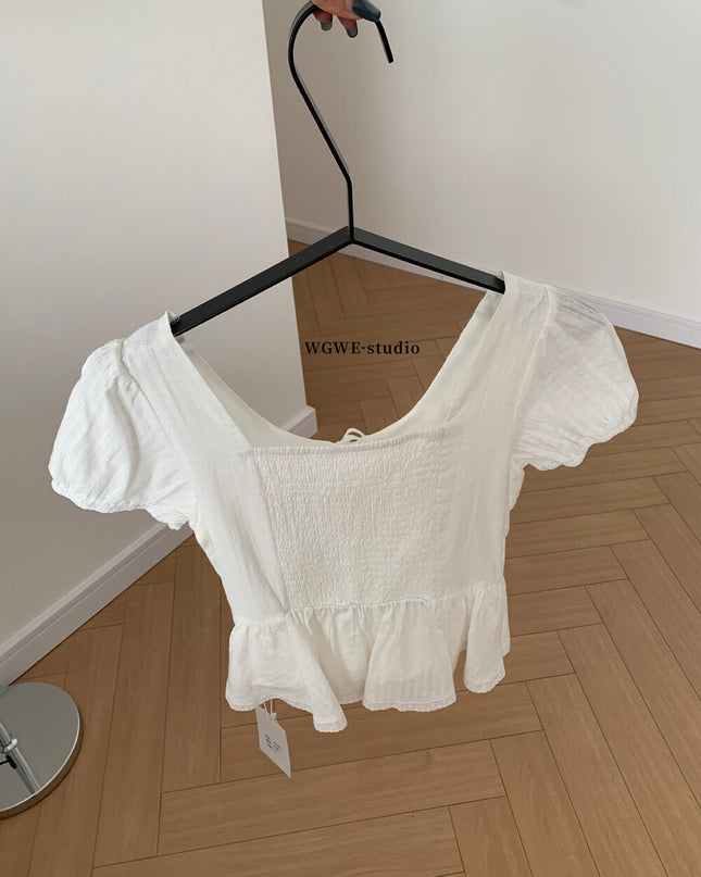 French Ruffle Puff Sleeve Slim-Fit Crop Top