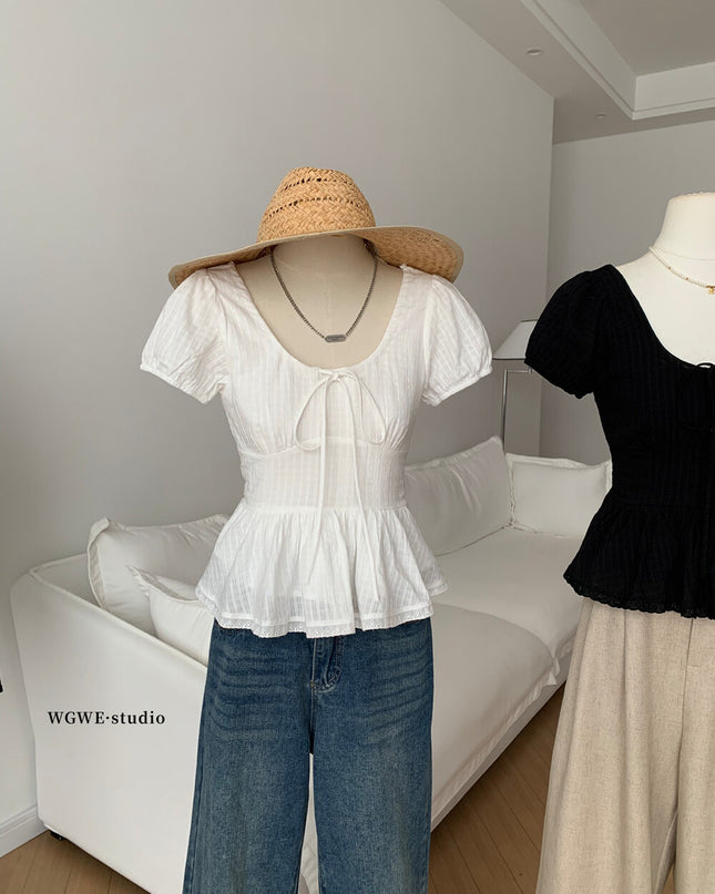 French Ruffle Puff Sleeve Slim-Fit Crop Top
