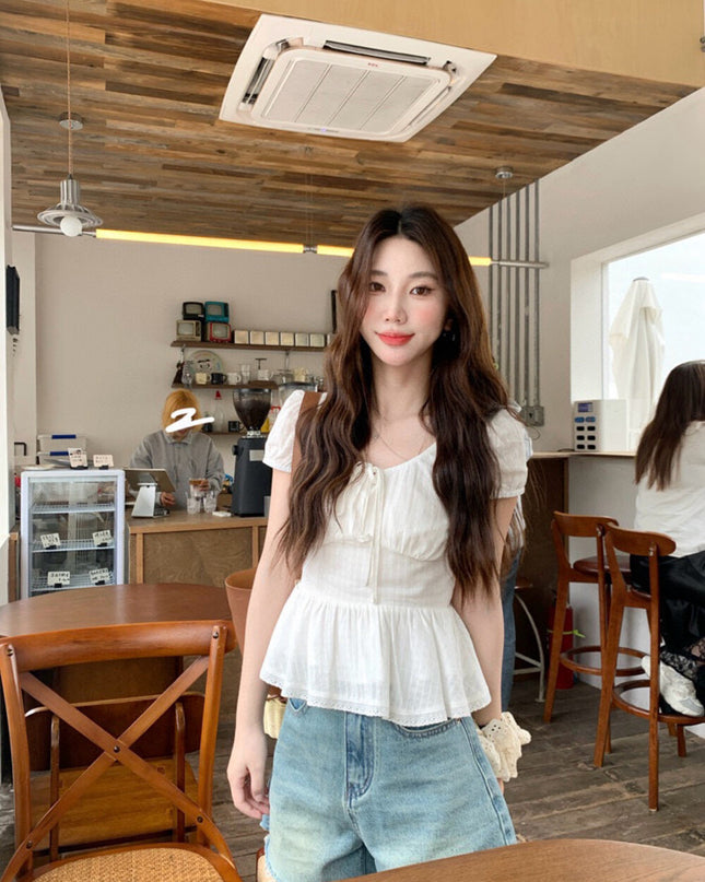 WGWE French Ruffle Puff Sleeve Slim-Fit Crop Top