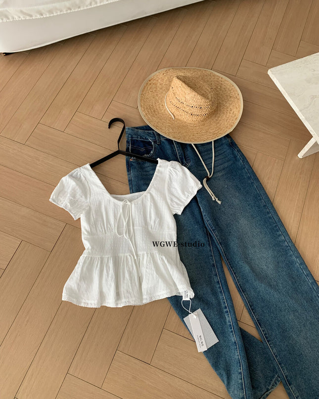 French Ruffle Puff Sleeve Slim-Fit Crop Top