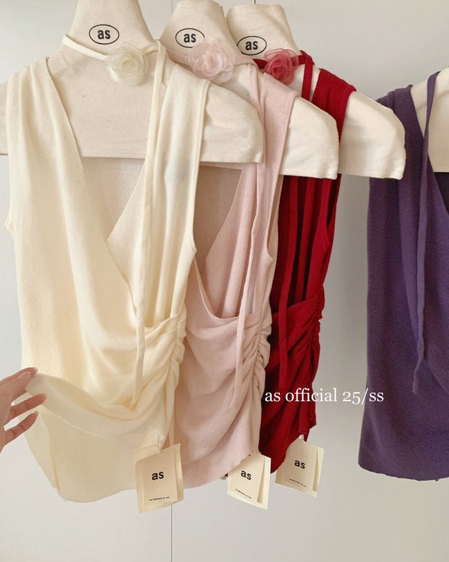 AS OFFICIAL A4 Waist V-Neck Cinched Knit Top (With Floral Tie)