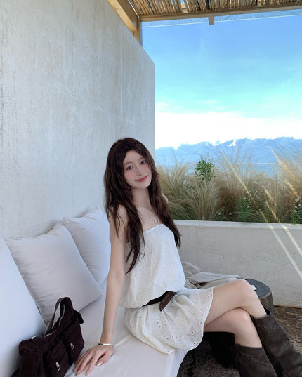AS OFFICIAL Embroidered Halter Tie Tube Dress (With Belt)