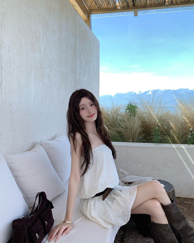 AS OFFICIAL Embroidered Halter Tie Tube Dress (With Belt)