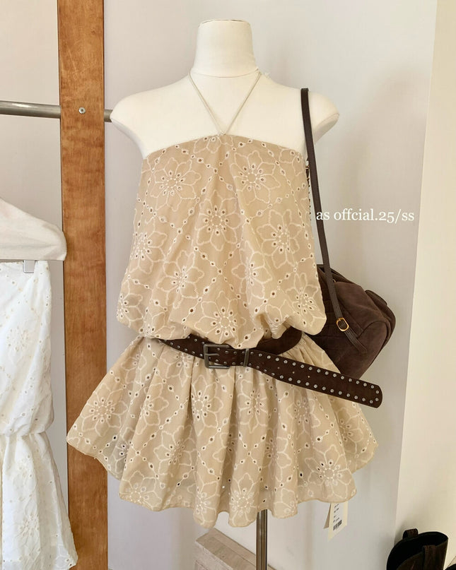 AS OFFICIAL Embroidered Halter Tie Tube Dress (With Belt)