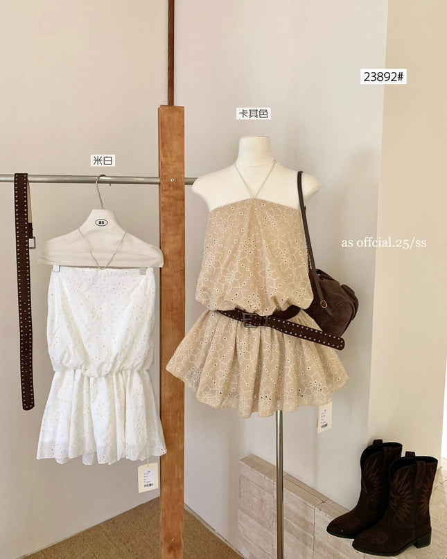 AS OFFICIAL Embroidered Halter Tie Tube Dress (With Belt)