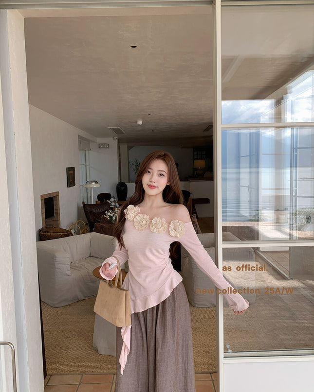 AS OFFICIAL French Rose Petal One-Shoulder Ribbon Top