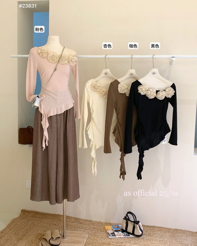 AS OFFICIAL French Rose Petal One-Shoulder Ribbon Top