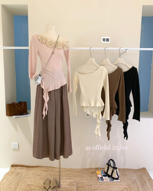 AS OFFICIAL French Rose Petal One-Shoulder Ribbon Top
