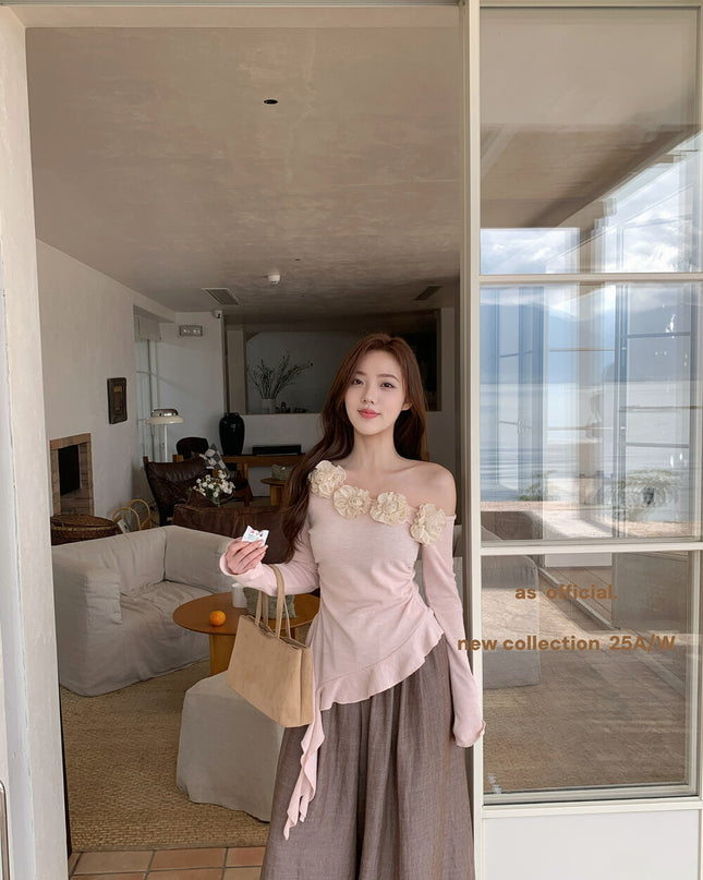 AS OFFICIAL French Rose Petal One-Shoulder Ribbon Top