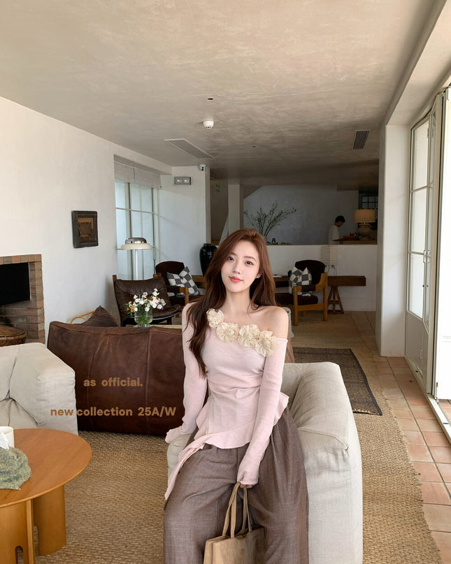 AS OFFICIAL French Rose Petal One-Shoulder Ribbon Top