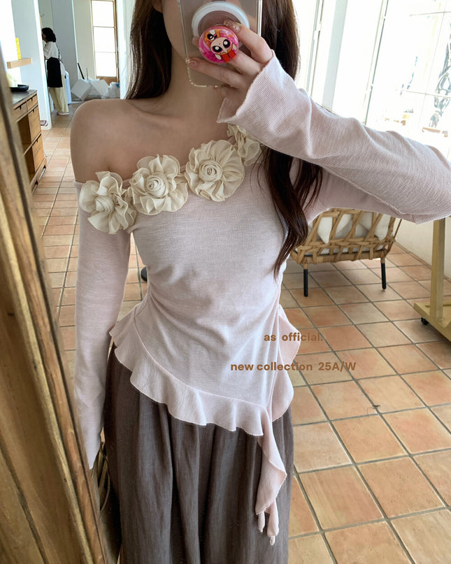 AS OFFICIAL French Rose Petal One-Shoulder Ribbon Top