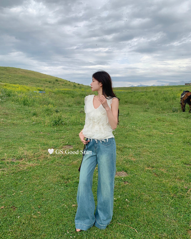 GS.GOOD START Misty White Tea V-Neck Ruffle Vest