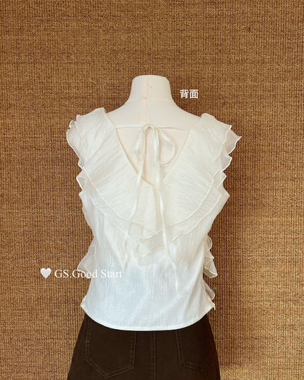 GS.GOOD START Misty White Tea V-Neck Ruffle Vest