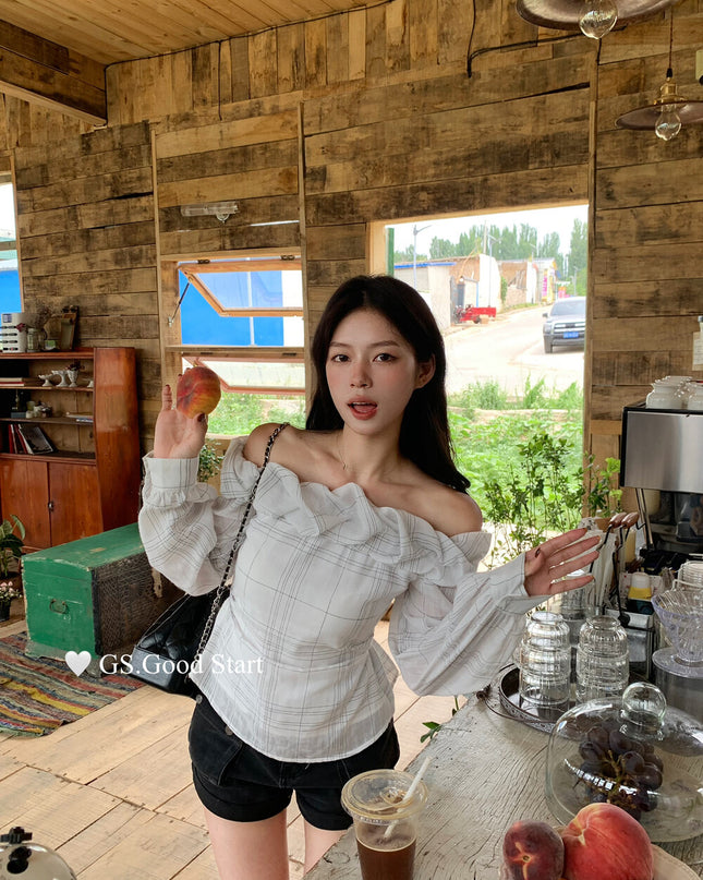 GS.GOOD START Korean Style Cloud Plaid Off-Shoulder Blouse