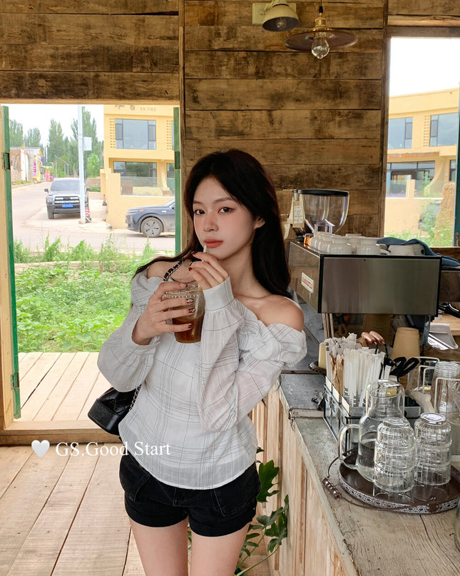 GS.GOOD START Korean Style Cloud Plaid Off-Shoulder Blouse