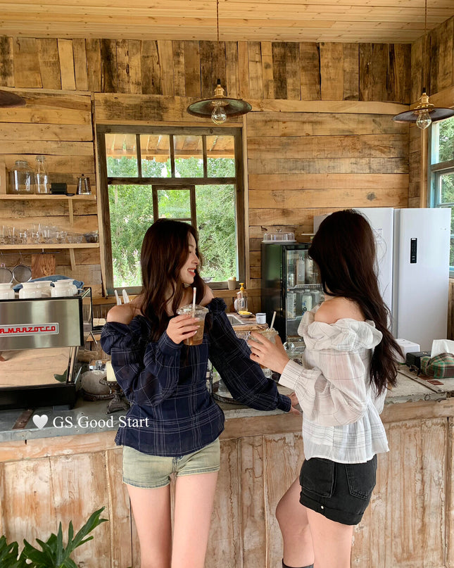 GS.GOOD START Korean Style Cloud Plaid Off-Shoulder Blouse