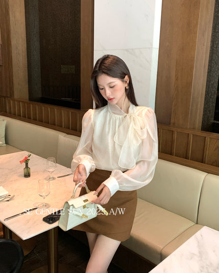 SE GENTLE SUN Elegant Lace Bow Tie Blouse